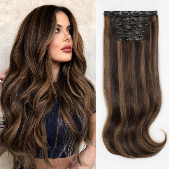 Long Stright Layered Hair Extensions Medium Brown Mix Caramel Brown 20 Inch